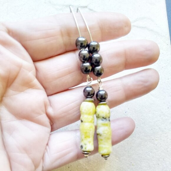 Extra Long 3"~ Yellow/Green/Black Sesame Jasper Dangle Earrings! Edgy + Eclectic - Picture 5 of 6